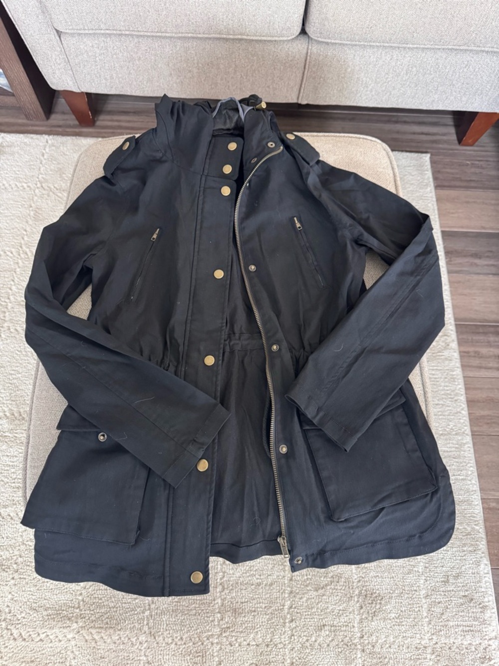 Society Black Utility Jacket with Hood and Gold-Tone Hardware